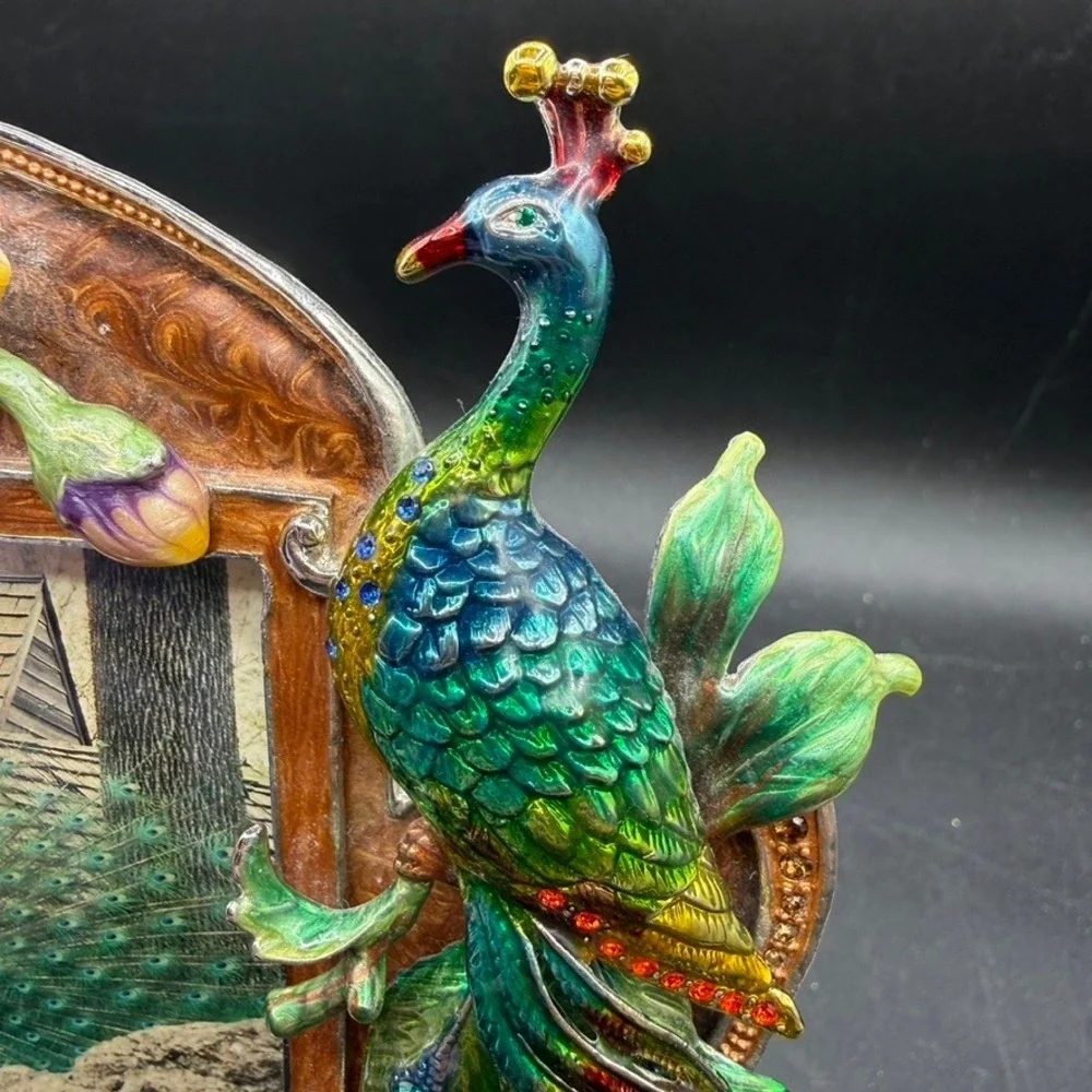 Sherborne Frame Company Peacock Picture Frame Art Deco MCM Enamel Crystal Boho
